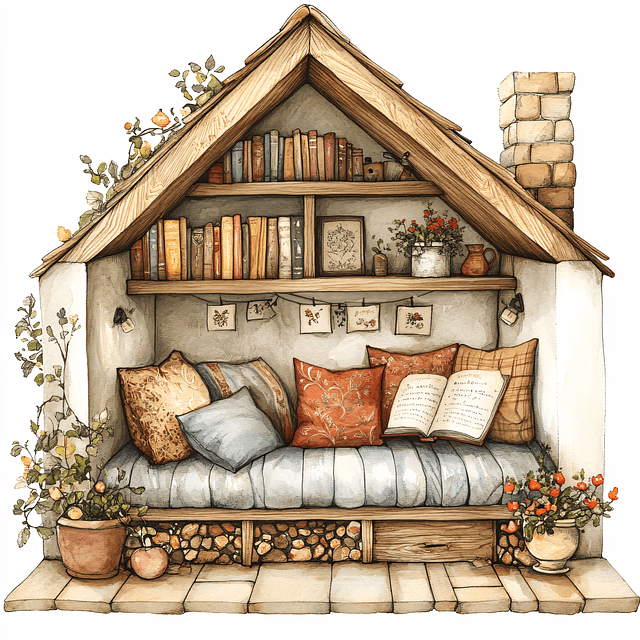 a drawing of a bed with pillows and books on shelves